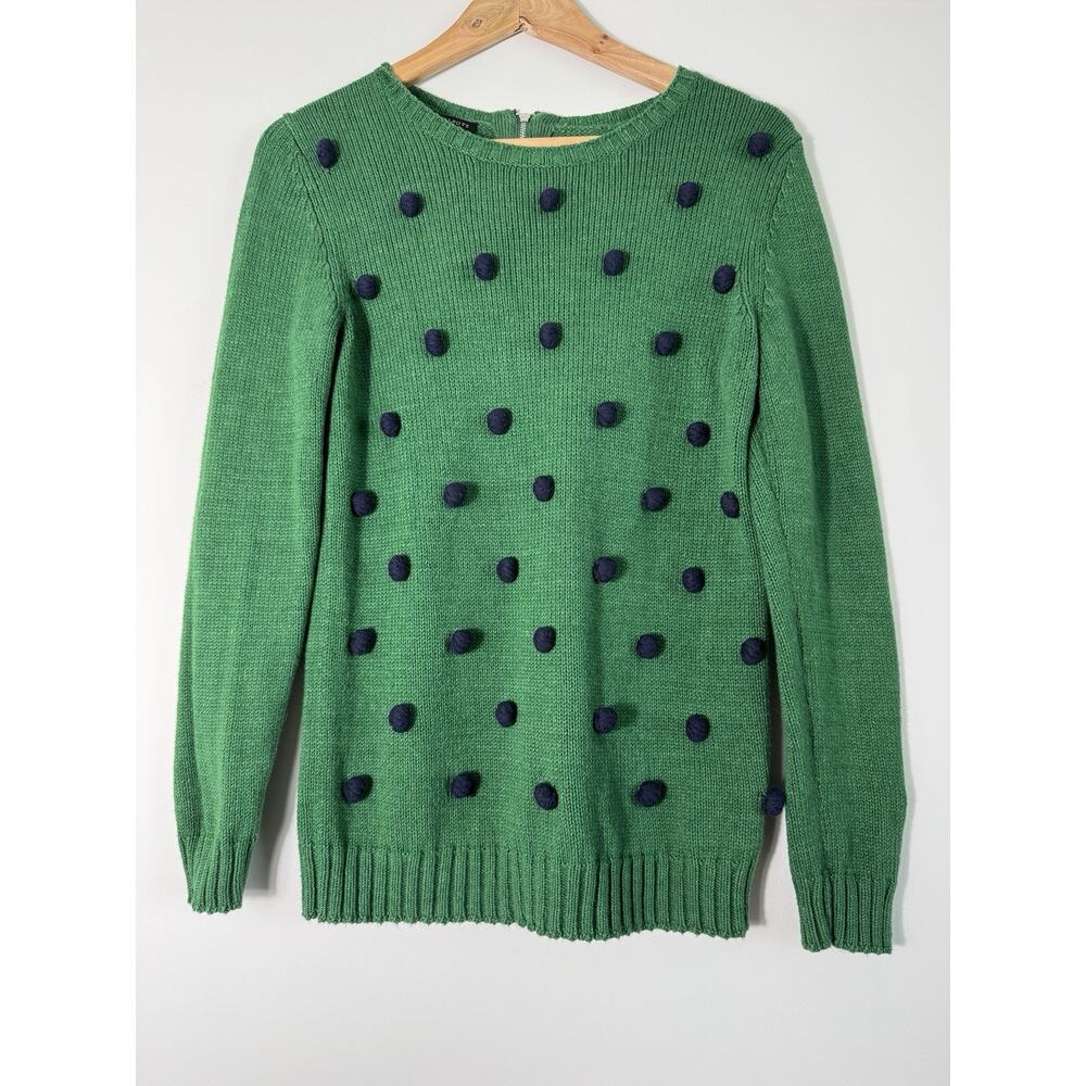 Talbots Women's Pom-Pom Knit Crewneck Sweater Size S Green Navy Blue Baubles - Picture 2 of 11